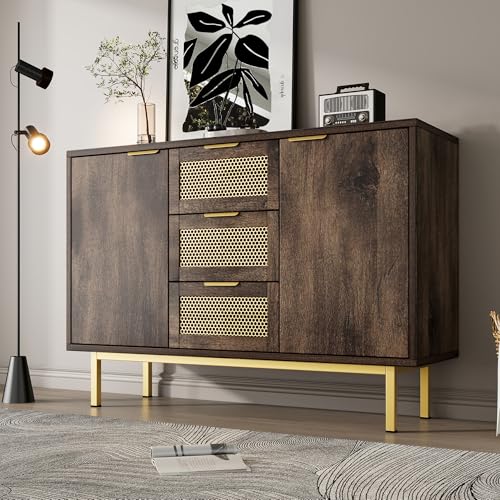 SOFCLOTH Kommode Sideboard-Schrank, möbel mit 3 Schubladen und 2 Türen, 120 x 40 x 76 cm, Holz， Metallgriffe Kommode, Mehrzweckschrank für Flur, Schlafzimmer, Wohnzimmer und Kinderzimmer, Dunkelbraun
