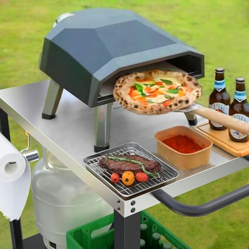 Image of 32x20IN Double-Shelves Grill Table, Outdoor Grill Cart for Blackstone Griddle, Movable Pizza Oven Table Cart for Outside Patio, Kitchen Cooking Food Prep Table for Party