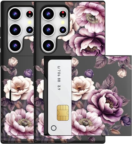 MUQR Compatible for Samsung Galaxy S24 Ultra Case with Card Holder Cute - Kawaii Design Military-Grade Drop Protection Rugged Wallet Cases for Women (Black Pink Roses Flowers)