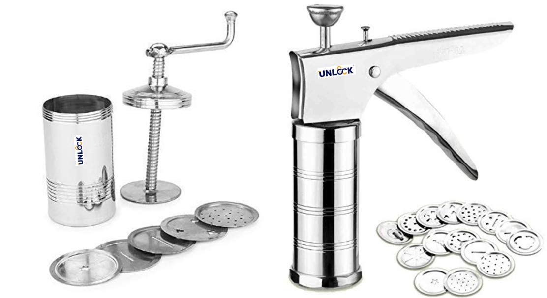 Unlock Chakli Maker/Idiyappam Press/Murukku Machine/Sev Machine with 6 Plates & Stainless Steel Kitchen Sancha/Gathiya Maker/Bhujiya Maker/Farsan Maker with 15 Different Jali