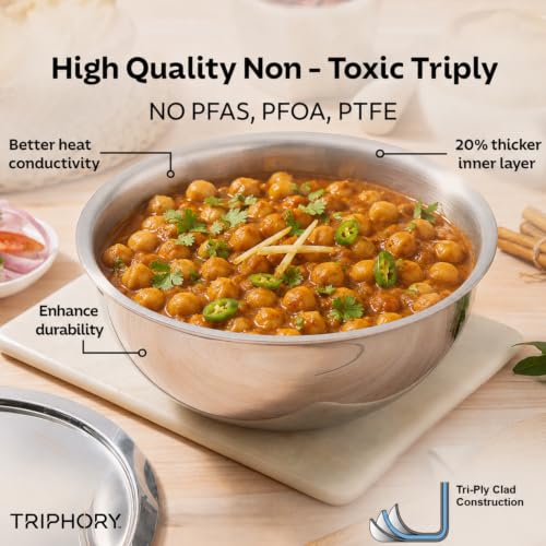 Image of Triply Stainless Steel Tasla 22 cm 2L | 2.5mm Thick Extra Deep Triply Kadai | Heavy Induction Base Cooking Tasla | Gas & Induction Compatible
