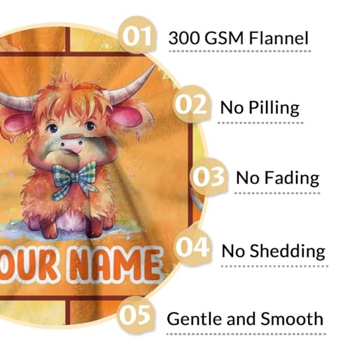 Personalized Highland Cow Blanket Gifts with Name - 40x50 Inches Cute Throw Blanket for Girls & Boys - Yellow Soft Fuzzy Blankets for Bed, Couch & Living Room