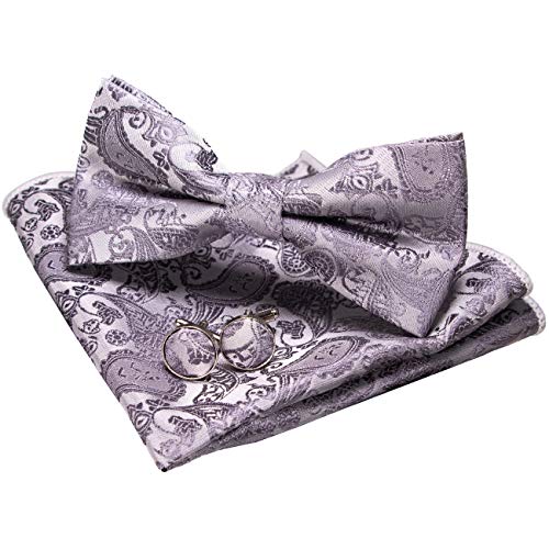 JEMYGINS Noeud Papillon Homme Motif Paisley avec Pochette et Boutons de Manchette pour Mariage Business et Ceremonie Gris 2