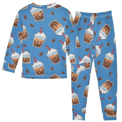 Pajama Sets Long Sleeve Bubble Tea Pattern on Blue Soft Comfy Sleepwear 2 Piece PJS 3-8T3