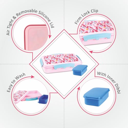 Image of Nayasa On The Go DLX Big Lunch Box 900 ml | BPA-Free Plastic Leak-Proof Lunch Box with Inner Mini Box | Secure Lock Tiffin Box for School, Office & Travel | Pink