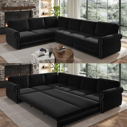 Image of KEIKI 118 inch Chesterfield Sleeper Sofa, Chenille Sectional Couch, Black
