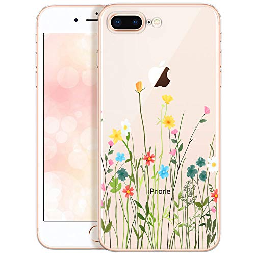QULT Carcasa para Móvil Compatible con iPhone 7 Plus, Funda iPhone 8 Plus Transparente Flores Silicona Suave Bumper Teléfono Caso para iPhone 7 Plus/8 Plus con Dibujo Prado de Flores