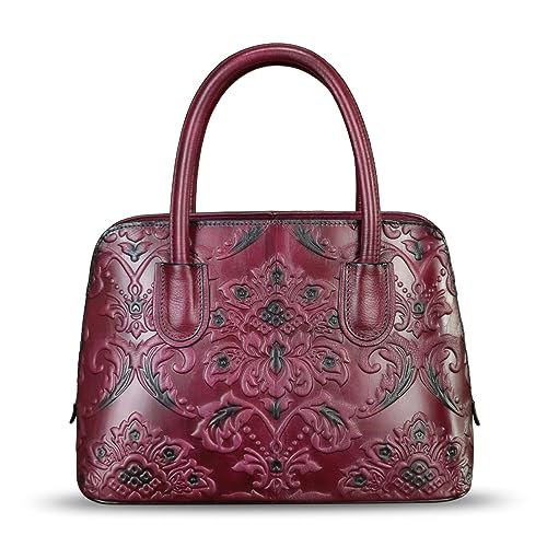 Image of Genuine Leather Handbag for Women Top Handle Satchel Handmade Retro Embossed Leather Vintage Crossbody Purse