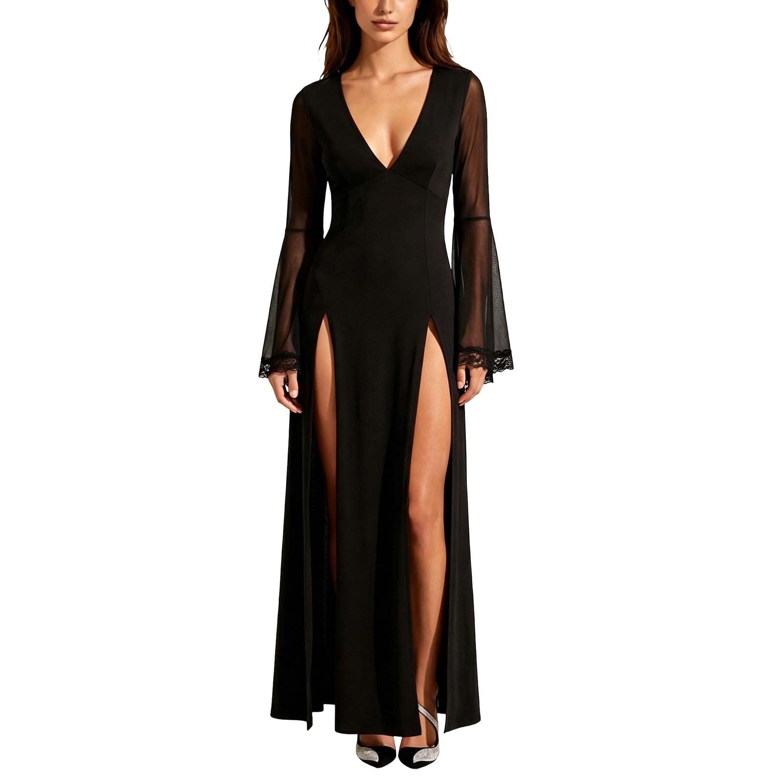 Maxi abito da donna gotico, scollo a V, spacco, abito da sera trasparente, maniche a campana, abito da cocktail con finiture in pizzo in stile scuro, abito da festa, elegante abito alla moda scuro