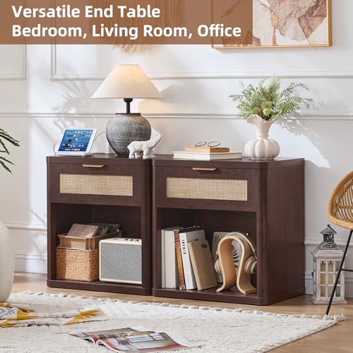 Image of LEYAOYAO Rattan 23 inch Nightstands with Charger for Bedroom