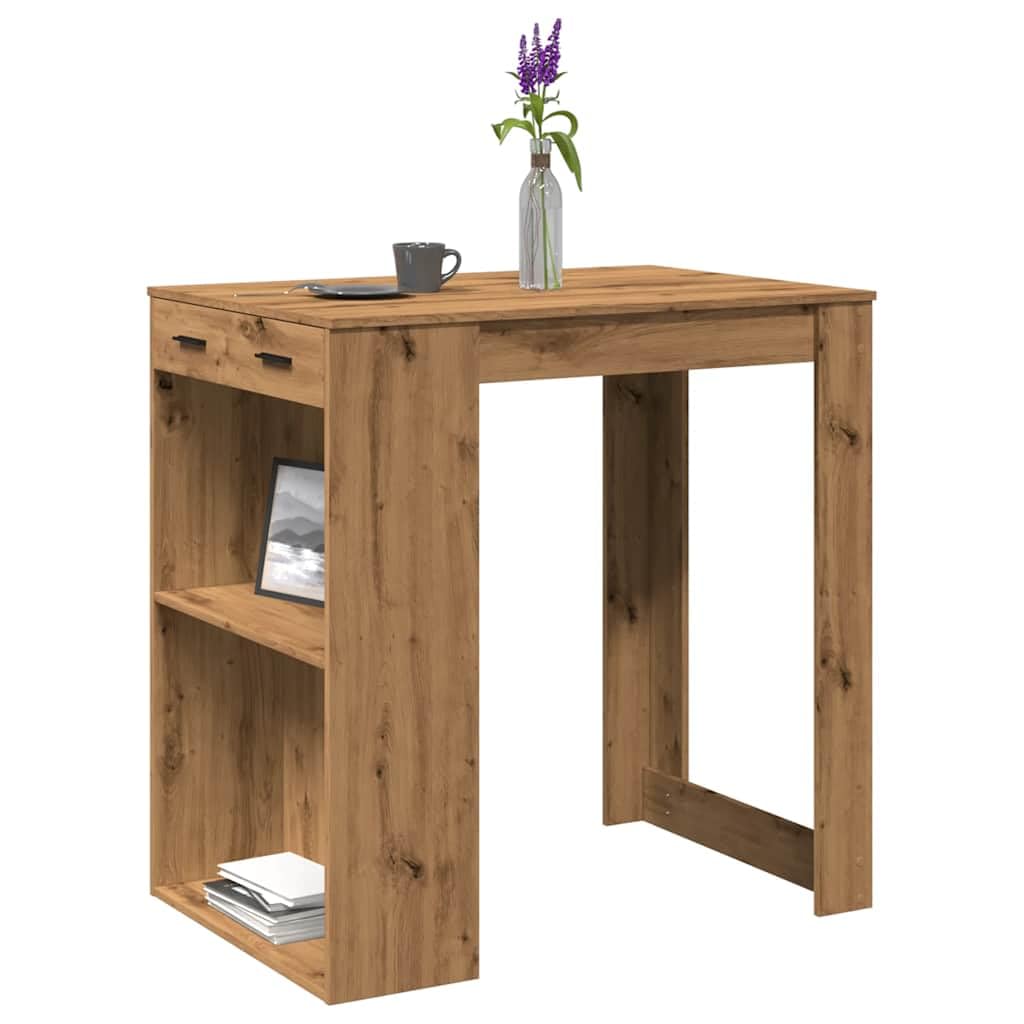Mesa de bar de roble Artisan, 102 x 70 x 103,5 cm, de madera con 2 estantes y 1 cajón, robusta mesa de salón para cocina o comedor