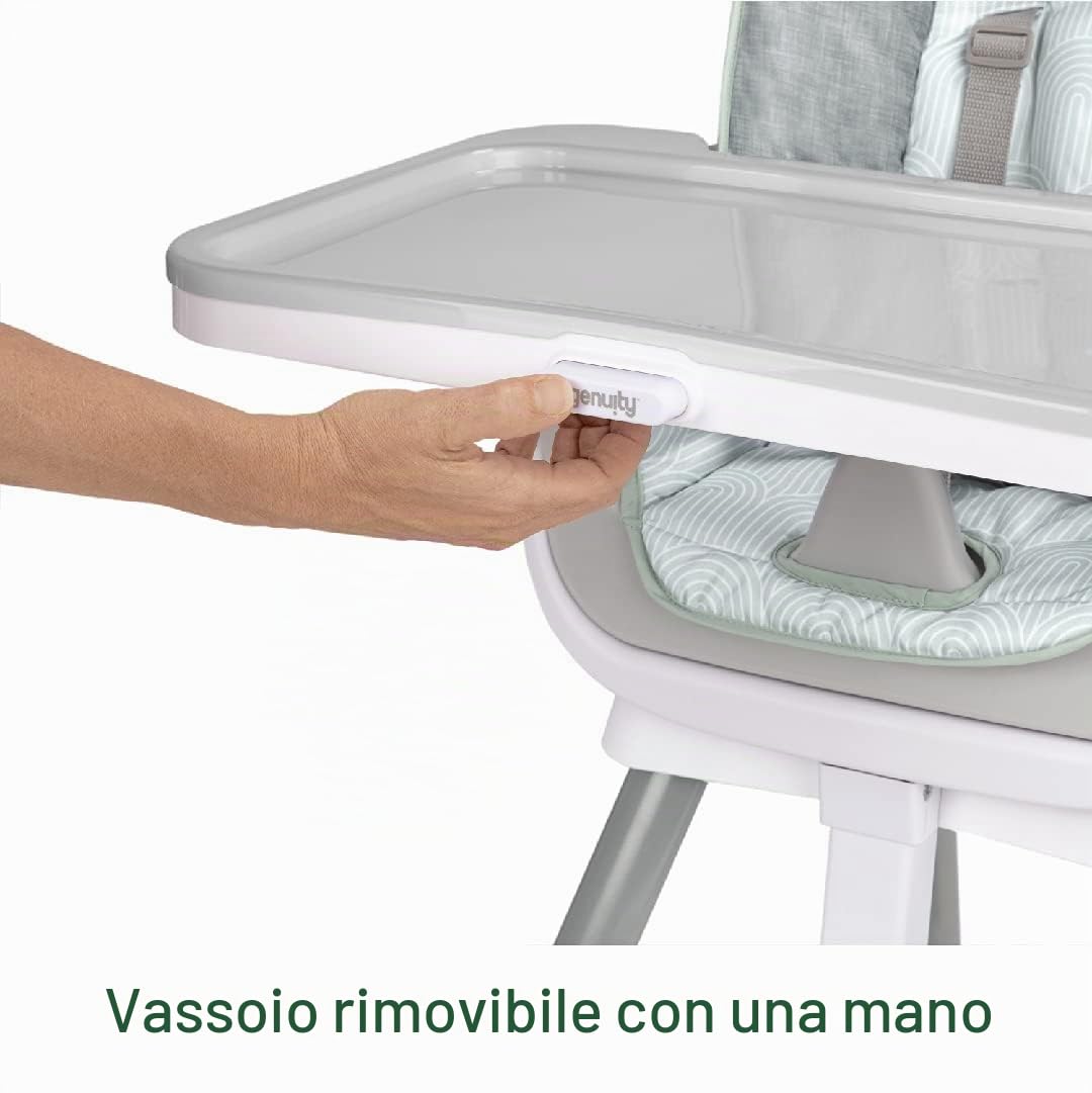 Ingenuity, seggiolone evolutivo Beanstalk 6-in-1, seggiolone alimentazione con vassoio rimovibile e seggiolino di rialzo per bambini con vibrazioni rilassanti e arco di gioco, 0-5 anni, Ray