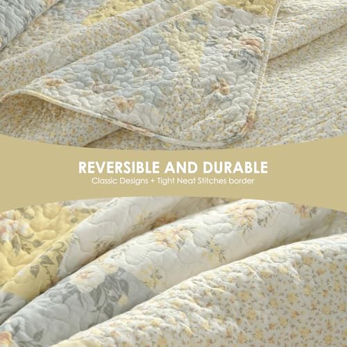 QuiltEase Oversized King Bedspread - 120" Lx128 W Extra Wide - 100% Cotton Lightweight Floral Plaid Coverlet Set - Farmhouse Reversible Super King Quilt - 3 Piece - Yellow/Cream White — view 6
