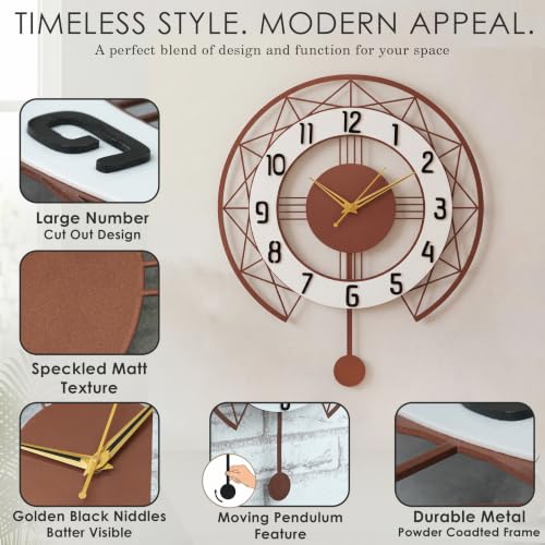 Image of Metal Pendulum Wall Clock for Living Room Stylish | Fancy Large Wall Clocks for Office, Bedroom & Drawing Room | Luxury Wall Watch for Home Decoration (Copper 40Cm)
