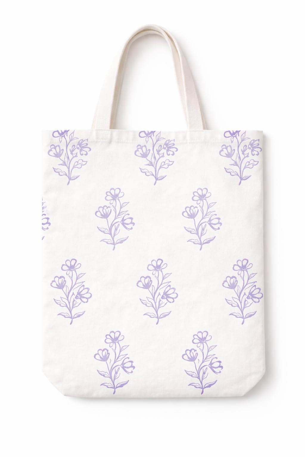 Cotton Tote Bag, White with Purple Floral Pattern, Reusable Shopping Bag (e)