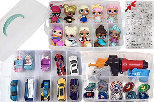 HOME4 BPA Free Clear Glitter Storage Organizer Carrying Case Box 30 Adjustable Compartments Compatible with Small Dolls LOL Toys Bead Beyblade Hot Wheels Tool Craft Sewing Jewelry Hair Accessories