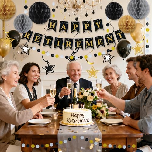 Image of Happy Retirement Party Decorations for Men Women Black Gold Happy Retirement Banner Honeycomb Balls Pentagram Hanging Swirl Streamers Circle Dots Garland