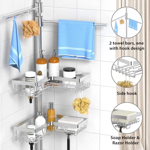 Image of KEGII Shower Caddy Tension Pole with 2 Towel Bars, Adjustable Corner Bathroom Organizer, Rustproof Bathtub Storage Shelves for Shampoo, 25-114.2 Inch Shower Rack for Renters & Family, Silver
