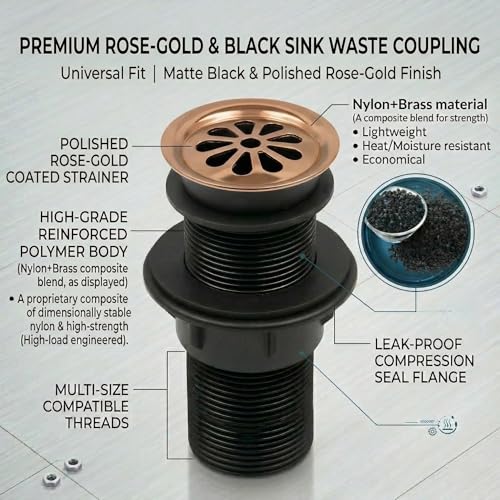 Image of BASSINO 6 Inch Basin Waste Coupling Nylon Thread Body with Brass Jali Head /Heavy Duty Bathroom Sink Drain /Anti Clog Waste Coupling with Durable Build /Universal Fit Drain for Washbasin(Rose Gold)