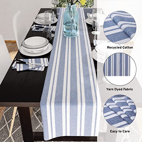 Encasa Homes Table Runner For 8-Seater Dining - Franca Blue Stripes - 13"X104" - Rustic Farmhouse Decor Eco-Friendly Cotton, Decorative Homespun Plaid Cloth For Party, Restaurant & Outdoors #TOP1