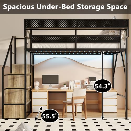 Image of Full Size Metal Loft Bed with Storage Stairs, Wardrobe & Charging Station