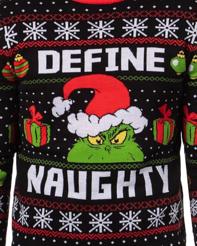 Dr. Seuss Grinch Men's Define Naughty Fair Isle Holiday Ugly Christmas Sweater2