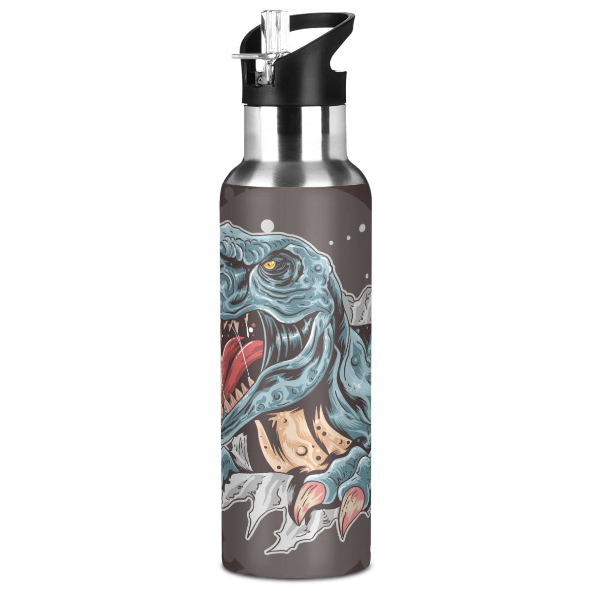 Edelstahl Wasserflasche mit Strohhalm, T-rex Dinosaurier Isolierte Trinkflasche Sport Wasserflasche für Kinder Erwachsene, auslaufsicher, 1L