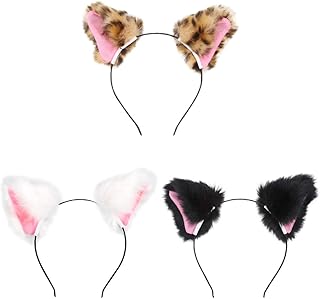 HOPELUCKIN ３個セット 猫耳 カチューシャ 立ち耳 超萌え ふわふわ コスプレ小道具 3色 白×ピンク黒×ピンク ヒョウ×ピンク