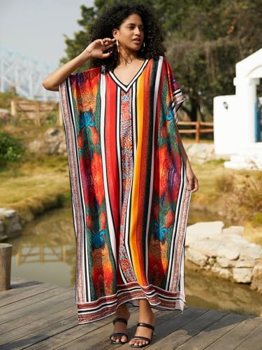 Image of IMAGEKOPE Kaftan Dresses for Women Plus Size Bathing Suit Cover up Vneck Batwing Dress Loose fit Moroccan Caftan mumu Dresses