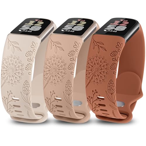 Minyee 3 Packs Floral Engraved Band Compatible with Fitbit Charge 6 Bands/Fitbit Charge 5 Bands...