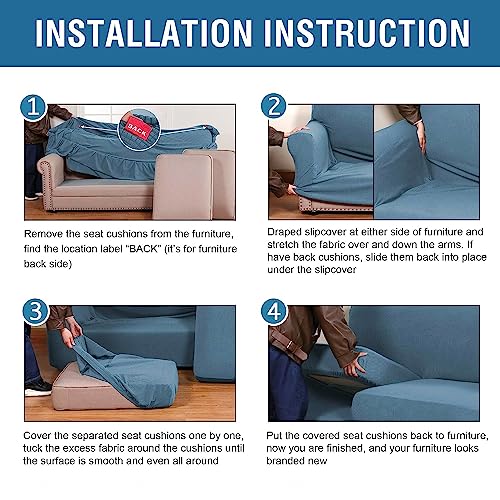 H.versailtex 4 Piece Stretch Sofa Covers For 3 Cushion Couch Covers For Living Room Furniture Slipcovers (Base Cover Plus 3 Seat Cushion Covers) Upgraded Thicker Jacquard Fabric (Sofa, Dusty Blue) #TOP6