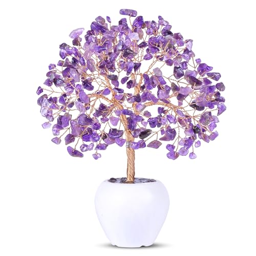 Árbol de la vida con piedras de amatista, chakras, árbol del dinero, piedras preciosas Feng Shui, árbol de la vida con base de maceta, árbol de la buena suerte, Navidad, hogar, oficina, escritorio,