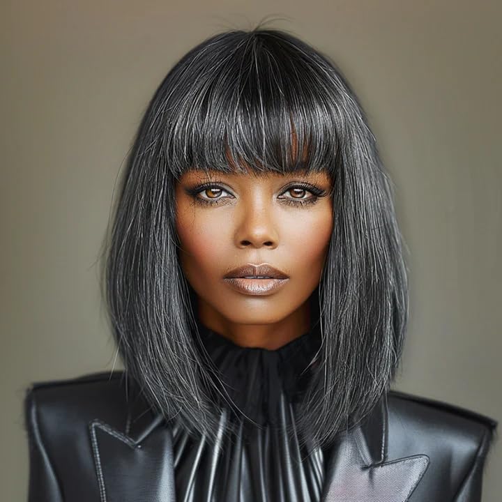 SOUL LADY Salt And Pepper Grey Wigs, Body Wave Headband Human Hair Wigs For Seniors Silver Gray Body Wave Headband Wig Non Lace Bob Wig 14 Inch