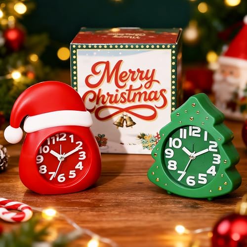 Image of AYRELY Christmas Alarm Clock Gift Set - 2 Silent Analog Clocks (Santa Hat & Christmas Tree), Ready-to-Gift Holiday Edition for Kids & Family, with Festive Gift Box
