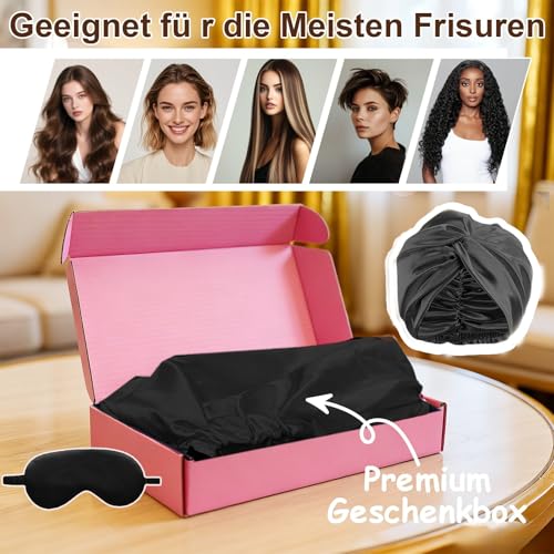 NEUJUS Seidenhaube zum Schlafen für gesunde Haare & lange Haare | Schlafhaube Seide verhindert Frizz, Haarbruch & Spliss | Silk Bonnet für Damen mit Locken & Haarhaube für die Nacht (Schwarz)