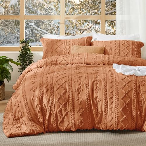 Bedsure Tufted Boho Comforter Set Queen Size - Pumpkin Boho Bed Set, GentleSoft™ 3 Pieces Farmhouse Shabby Chic Embroidery Bedding, Gifts for Woman, Soft Jacquard Queen Comforter for All Seasons