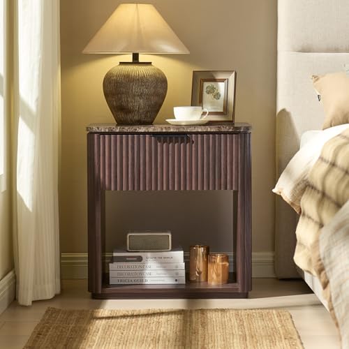 Image of 3 Sided Fluted Nightstand with Faux Marble Top, Mid Century Modern | End Tables Bedroom, Night Table, FSC-Certified, 1 Drawer & 1 open Shelf, Rounded Corner, Metal Handle, Dark Oak