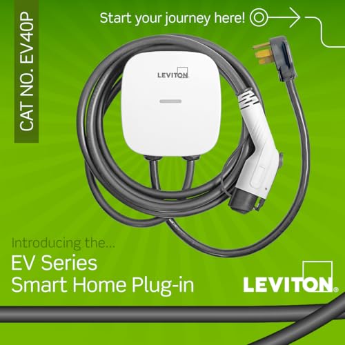 Image of Leviton Level 2 Smart EV Charger with Wi-Fi, 40 Amp, 9.6kW Output, 25' Cable, NEMA 14-50P, Indoor /Outdoor Plug-In EV Charging Station, My Leviton Compatibility, EV40P EVSE, White-Black