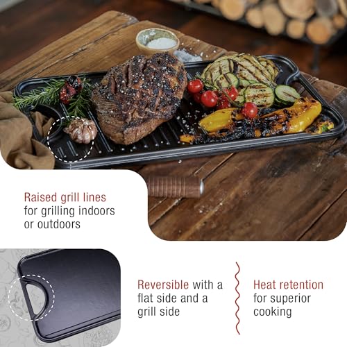 Image of Victoria Rectangular Cast Iron Griddle. Double Burner Griddle, Reversible Griddle Grill, 18.5 x 10 Inch, Seasoned with 100% Kosher Certified Non-GMO Flaxseed Oil