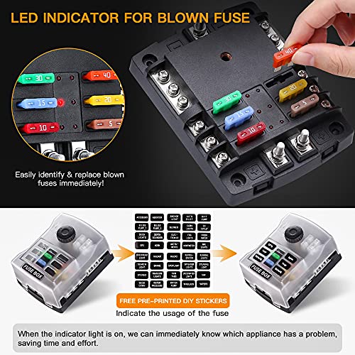 Upgraded 200A 6 Way Fuse Block Blade Fuse Box with 2 Positive Power