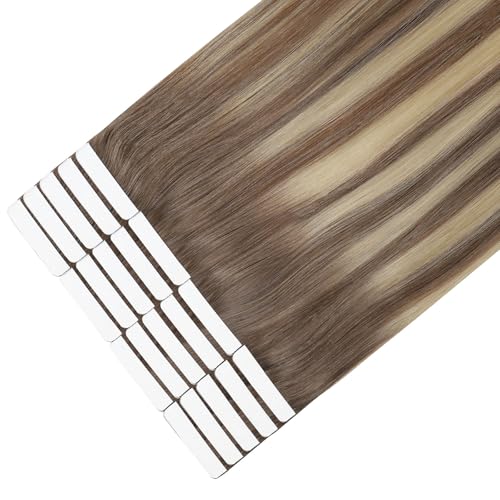 Image of Sixstarhair Tape in Hair Extensions Human Hair Balayage Ash Brown to Blonde Mixed with Light Blonde Real Hair Extensions Silky Straight Tape Hair Extensions Human Hair 50g 20pcs [TP8 /22 /8 22inch]