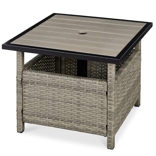Best Choice Products Wicker Side Table with Umbrella Hole Square PE Rattan Outdoor End Table for Patio Garden Poolside Deck w/UV-Resistant Frame Storage Space - Taupe