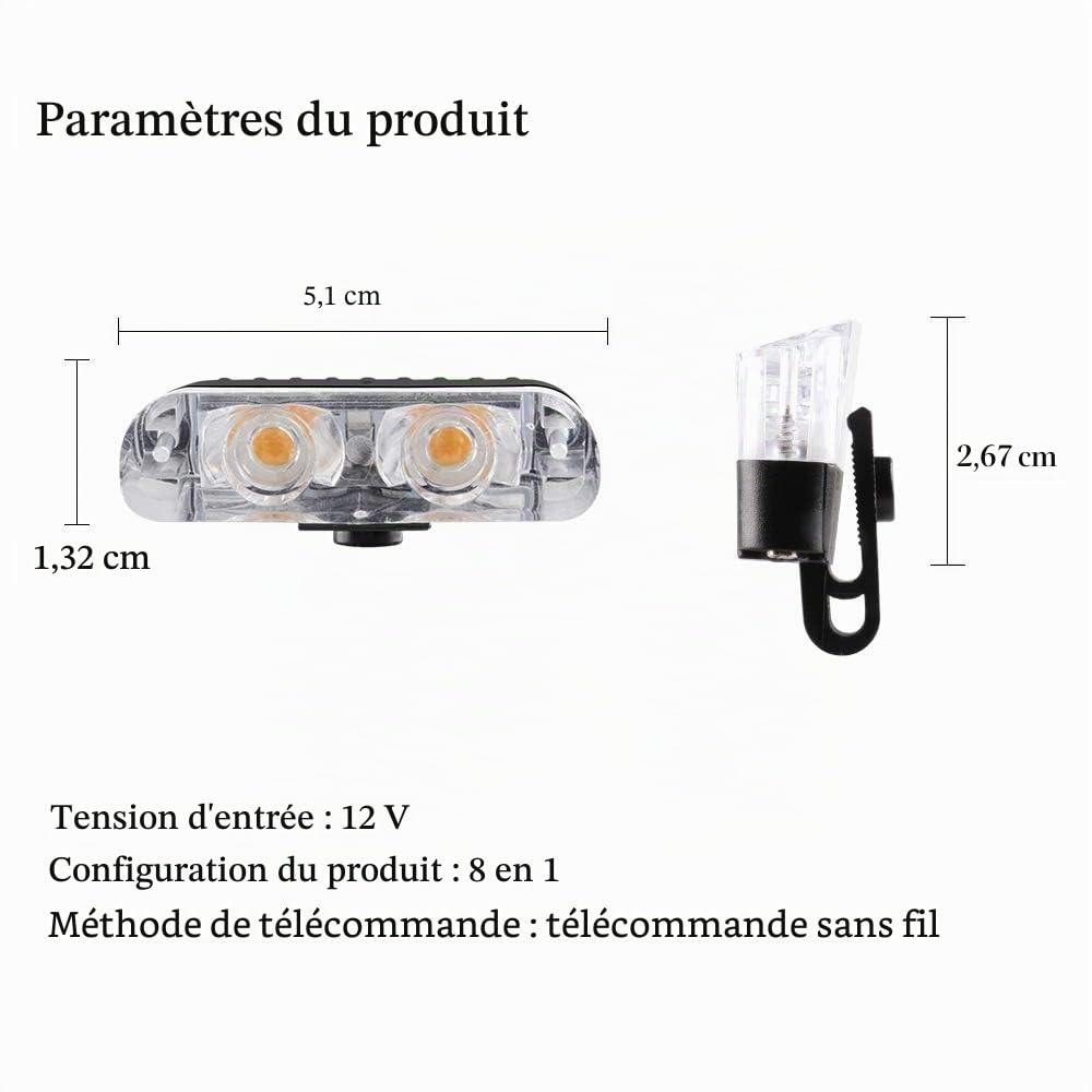 8 in 1 LED Lumières Stroboscopiques D'urgence pour Camion Véhicule Avertissement Clignotant Grille de Guide Flash DRL Police Voiture Moto DC12V Télécommande Sans Fil (Ambre)