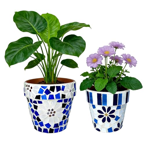 Lily's Home Set of 2 Flowerpots with Mosaic Pattern. Decorative Plant Pots with Drainage Holes for Indoor Outdoor, Perfect for Snake Plants, Succulents,Terracotta. Pots are 4 9⁄10 & 4 ¼ inch Height.