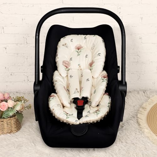 Image of Infant Car Seat Insert with 2 Strap Pads, Super Soft Carseat Head and Body Support for Baby Boys and Girls, Reversible Newborn Car Seat Insert Cushion for Strollers, Bouncers, Swing, Simple flowers