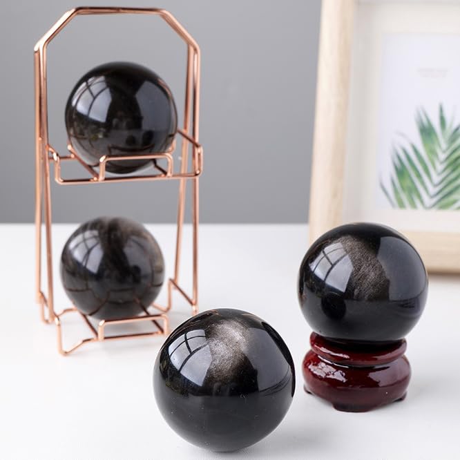 Boule d'obsidienne argentée 65mm pour feng shui et divination