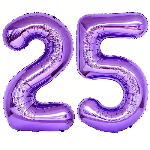 Image of Number 25 Purple Balloons 40 Inch Giant Foil Purple 25 Helium Balloons for 25th Purple Birthday Party Supplies 52th Anniversary Events Decorations