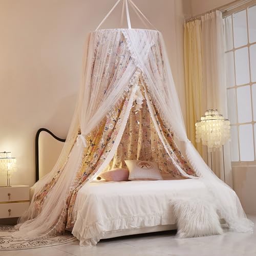 VETHIN Double Layer Princess Round Dome Canopy Bed Curtain for Girls Adults,Children Dreamy Mosquito Net,Cute Bedroom Decoration Castle Play Tent Reading Nook Canopies (Flowers/White)