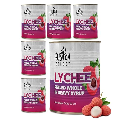 Fusion Select 6 Cans Lychees in Syrup - Ready to Serve Canned Lychee Fruit - Peeled Whole in Heavy Syrup - For Bubble Tea, Boba Topping, Drinks, Desserts, Fruit Salad