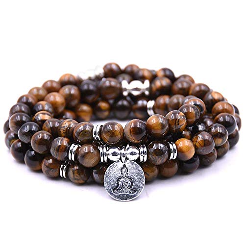 Self-Discovery Natürliche 108 Mala Perlen Armband Halskette Meditation Schmuck mit Yoga Charm (Braunes Tigerauge (Brown Tiger Eye))